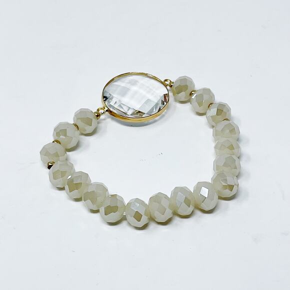Cream Beaded Stretch Bracelet with Clear Gemstone Charm Fashion Statement - Picture 4 of 8